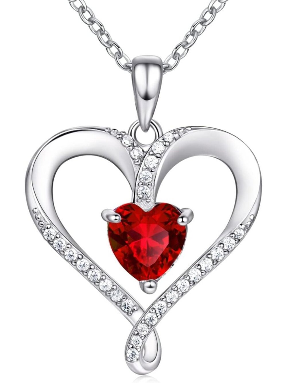 Elegant Birthstone Heart Necklace in 18K White Gold & Sterling Silver - Perfect